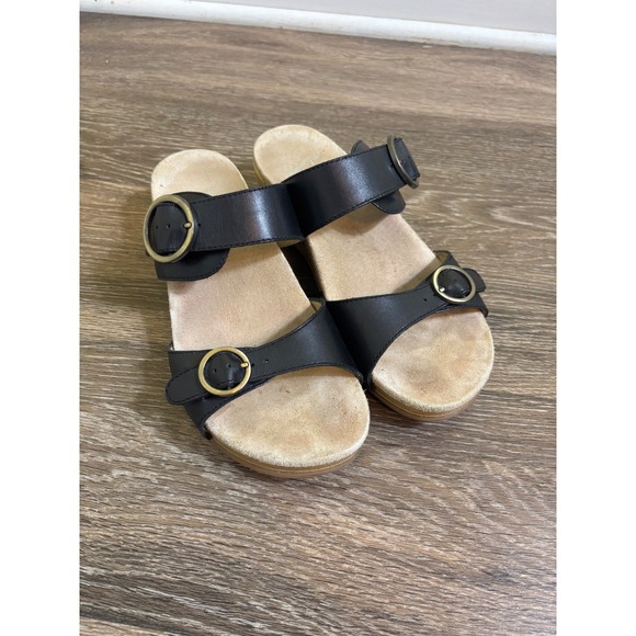 Dansko Black Leather Buckle Sandals Wedge Heel Comfort Slides Women's - Picture 1 of 8